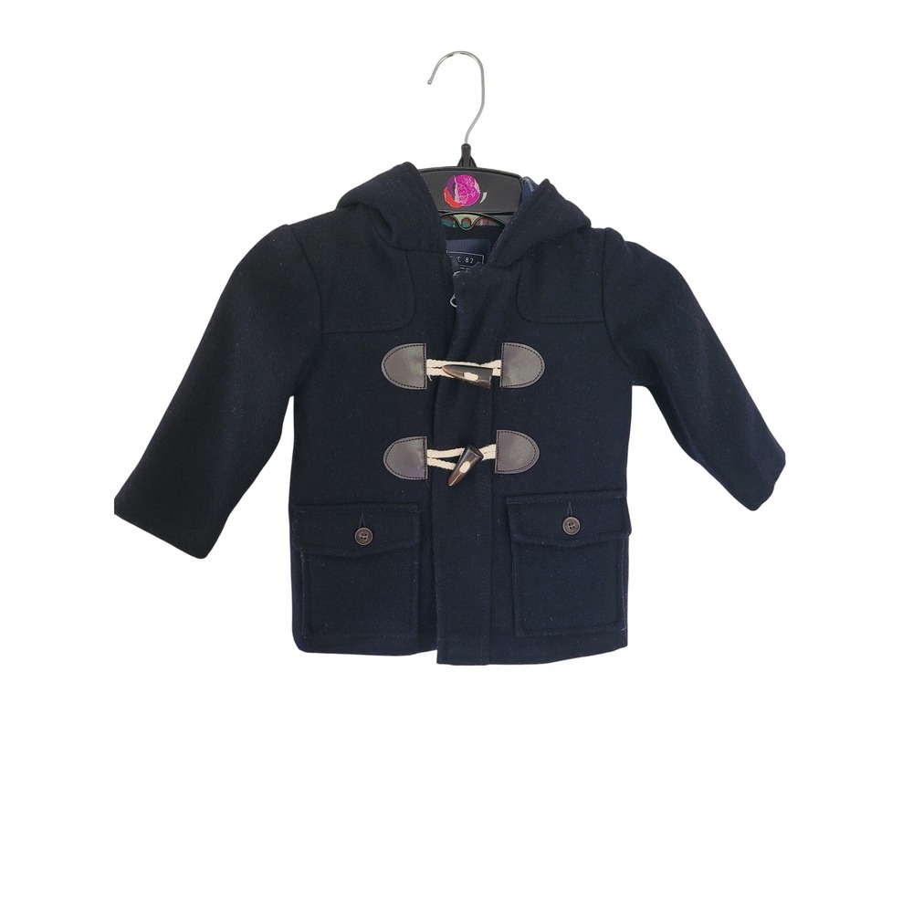 Next Baby Boys Black Wool Blend Hooded Toggle Duffle Coat 9-12 Months #1‎